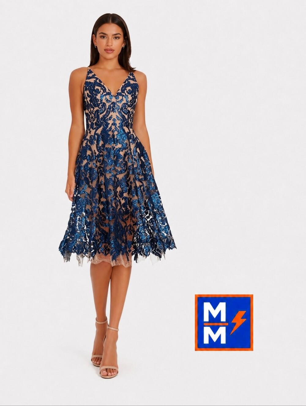 NWT Dress the Population Navy Nude Prom Sequin Lace Cocktail Dress L  MSRP $269